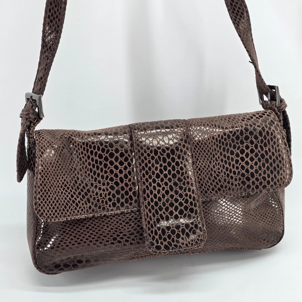 Vintage Baguette Shoulder Bag Brown Faux Leather Snake Y2K 90s Retro Mob Wife
